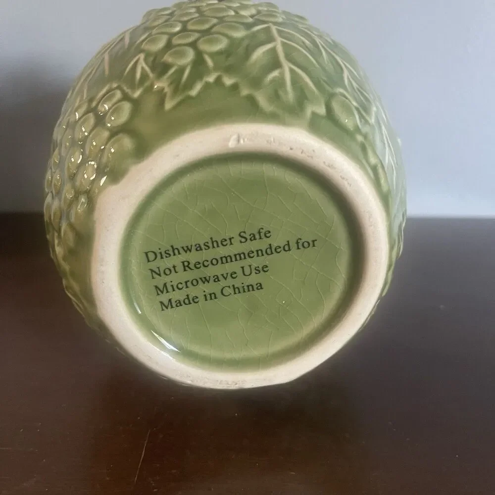 Vintage Majolica Style Green Ceramic Canister With Clasp And Grapes Design 7.5in